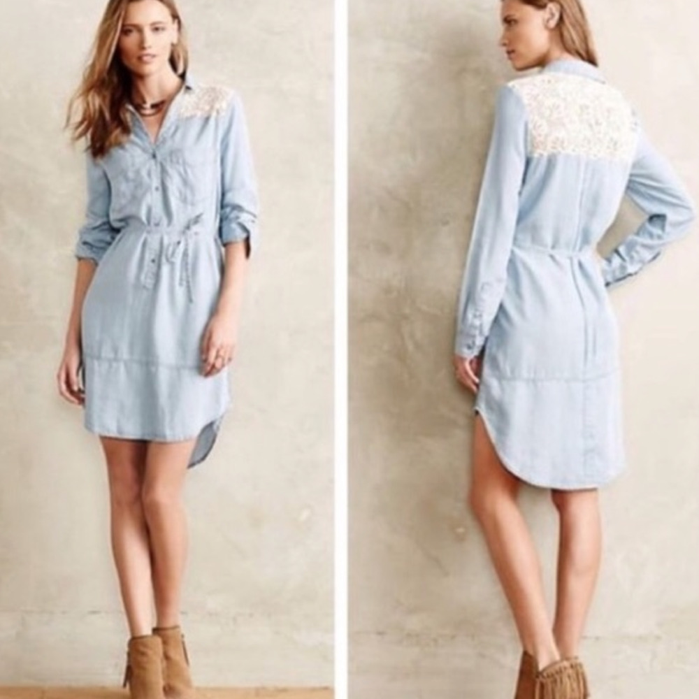 Holding Horses Chambray Dress Women XS Extra Small Blue Lace Detail Belted *READ
